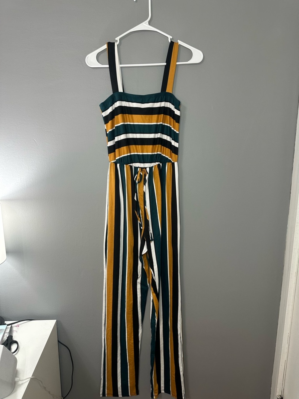 Caution to the wind Striped Wide-Leg Jumpsuit in Mustard & Teal